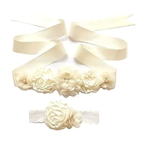 Wisafory Blumenmädchen Schärpe Gürtel und Haarband Set Perlen Blume Satinband Blumengürtel Brautgürtel Hochzeitskleid Taillengürtel Hüftgürtel für Hochzeit Party Braut Kleider Zubehör Weiß von Wisafory
