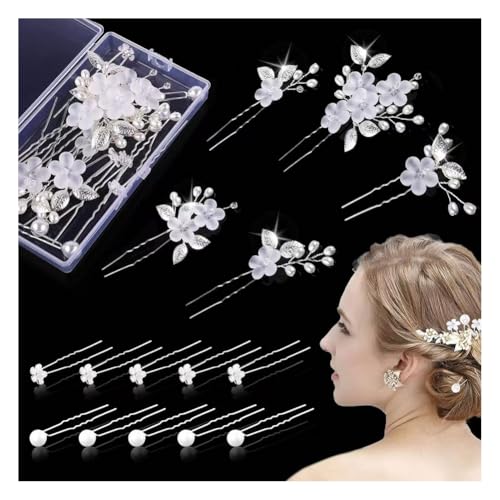 Wisafory Braut Haarschmuck Hochzeit Haarnadeln mit Blume Perlen Strass Haarspangen Kopfschmuck Hair Clips Brautschmuck für Brautjungfern, Damen, Mädchen Verlobung 15-teiliges Set weißer Haarnadeln von Wisafory