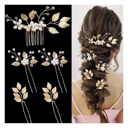 Wisafory Braut Haarschmuck Hochzeit Haarnadeln mit Blume Perlen Strass Haarspangen Kopfschmuck Hair Clips Brautschmuck für Brautjungfern, Damen, Mädchen Verlobung Goldfarben (5 Stück) von Wisafory