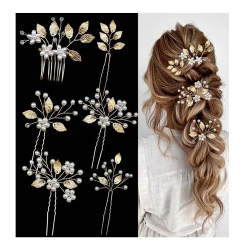 Wisafory Braut Haarschmuck Hochzeit Haarnadeln mit Blume Perlen Strass Haarspangen Kopfschmuck Hair Clips Brautschmuck für Brautjungfern, Damen, Mädchen Verlobung Goldfarbene Haarkämme (6 Stück) von Wisafory