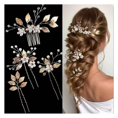Wisafory Braut Haarschmuck Hochzeit Haarnadeln mit Blume Perlen Strass Haarspangen Kopfschmuck Hair Clips Brautschmuck für Brautjungfern, Damen, Mädchen Verlobung Goldfarbenes Set (4 Stück) von Wisafory