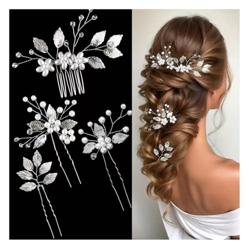 Wisafory Braut Haarschmuck Hochzeit Haarnadeln mit Blume Perlen Strass Haarspangen Kopfschmuck Hair Clips Brautschmuck für Brautjungfern, Damen, Mädchen Verlobung Silberfarbenes Set (4 Stück) von Wisafory