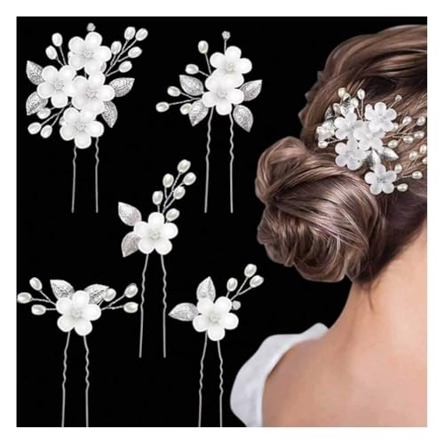 Wisafory Braut Haarschmuck Hochzeit Haarnadeln mit Blume Perlen Strass Haarspangen Kopfschmuck Hair Clips Brautschmuck für Brautjungfern, Damen, Mädchen Verlobung Weißes Blumenset (5 Stück) von Wisafory