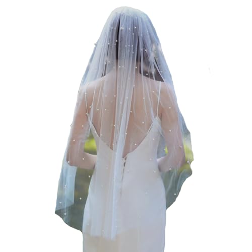 Wisafory Brautschleier Perlen Weiß Hochzeitsschleier Elegent Kirche Braut Schleier 1 Stöckig Weicher Tüll Perlenschleier Haarschmuck für Hochzeit Junggesellinnenabschied ohne Kamm 75cm von Wisafory