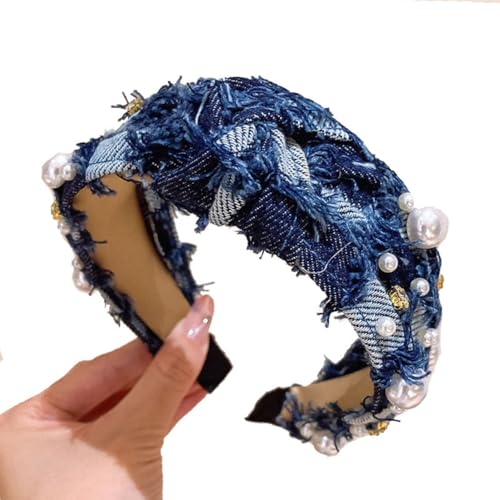 Wisafory Damen Haarreifen Mode Knoten Haarreif mit Perlen Strass Vintage Cowboys Breit Stirnbänder Haarband Elastische Rutschfest Headband Twist Haarbänder Haartuch für Frau Dunkelblau von Wisafory