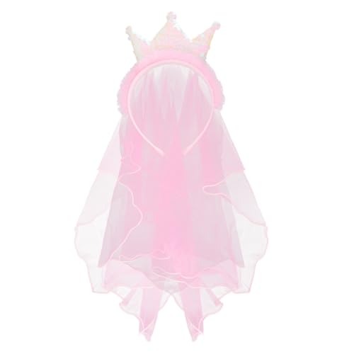 Wisafory Kinder Schleier Mädchen Haarreif Niedlich Prinzessin Krone Haarband Pailletten Stirnband mit Zähnen Kurz Brautschleier Haarschmuck für Hochzeit Studio Kostüm Party Foto Roserot von Wisafory