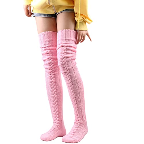 Wisafory Overknee Socken Damen Extra Lange Kniestrümpfe Warm Wintersocken Stricksocken Streifen Grobstrick Thermosocken Überknie Strümpfe Oberschenkel Hohe Socks Strumpfhosen Legwarmer Rosa von Wisafory