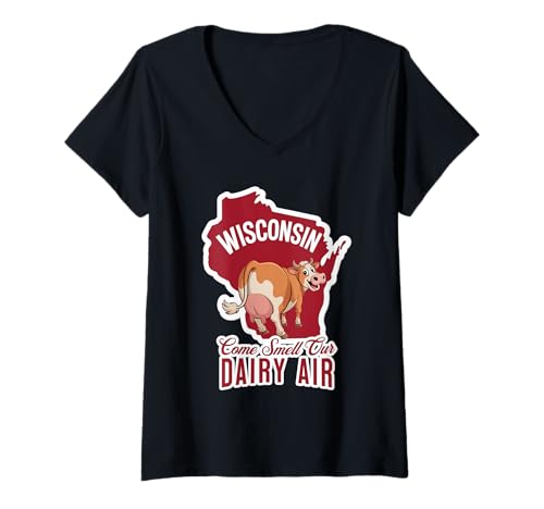 Damen Wisconsin Kommen Sie und riechen Sie unsere Milchluft T-Shirt mit V-Ausschnitt von Wisconsin Designs