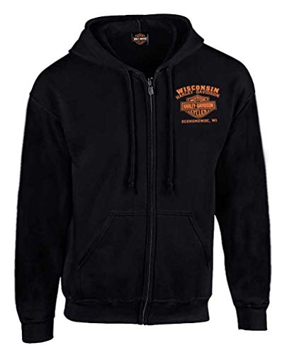 Harley-Davidson Custom Freedom Herren Fleece-Kapuzenpullover, Durchgehender Reißverschluss, Schwarz - Schwarz - Groß von Wisconsin Harley-Davidson