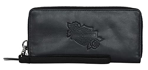 Harley-Davidson Damen Rockin' Roses Große Geldbörse mit Reißverschluss und abnehmbarem Armband, Schwarz, 7.75" x 3.75" von Wisconsin Harley-Davidson