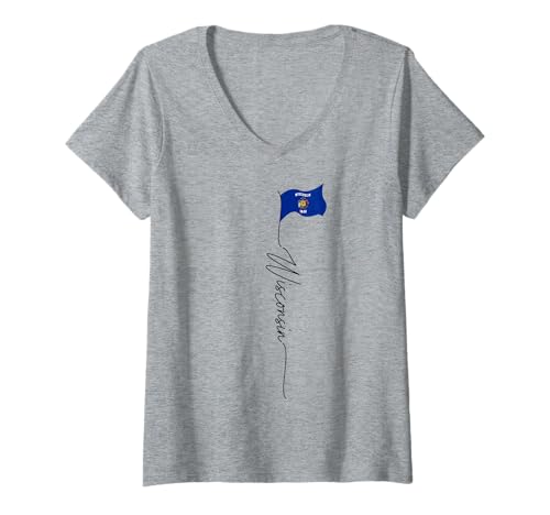 Damen Wisconsin State Flagge, Wisconsin Patriotische Signatur-Flagge T-Shirt mit V-Ausschnitt Damen Wisconsin State Flagge, Wisconsin Patriotische Signatur-Flagge T-Shirt mit V-Ausschnitt von Wisconsin USA Flag Gifts for wisconsinite Patriots