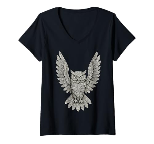 Damen Aufwendige dekorative Eulen-Illustration T-Shirt mit V-Ausschnitt von Wise Guardian