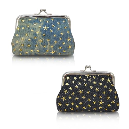 WisePoint 2 PCS Münzbörsen für Damen, Denim Stoff Kleines Portemonnaie Modische Kleine Geldbörse mit Dem Kiss Lock, Leichte Damen Geldbörse für Veränderung,Schlüssel, Lippenstift (schwarz+hellblau) von WisePoint