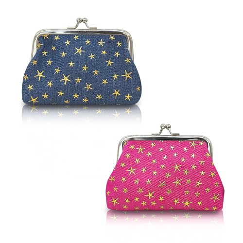 WisePoint 2 PCS Münzbörsen für Damen, Denim Stoff Kleines Portemonnaie Modische Kleine Geldbörse mit Dem Kiss Lock, Leichte Damen Geldbörse für Veränderung,Schlüssel, Lippenstift (rot+dunkelblau) von WisePoint