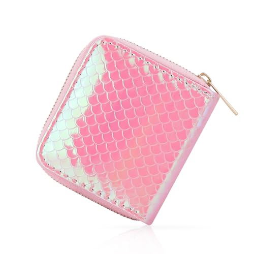 WisePoint Bunte Geldbörse für Damen, glänzendes Meerjungfrauen-Muster, Reißverschluss, Reisebrieftasche mit 2 Kleingeldfächern und 4 Kartenfächern, Damen-Bankkartenhalter für kurze Reisen, rose, 4.4 x von WisePoint