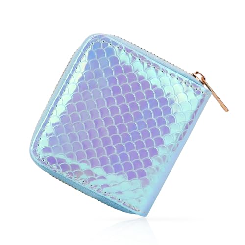 WisePoint Bunte kleine Geldbörse, glänzendes Meerjungfrauen-Muster, Reißverschluss, kleines Kreditkartenetui mit 2 Kleingeldfächern und 4 Kartenfächern, Damen-Kreditkartenetui für kurze Reisen, Blau von WisePoint