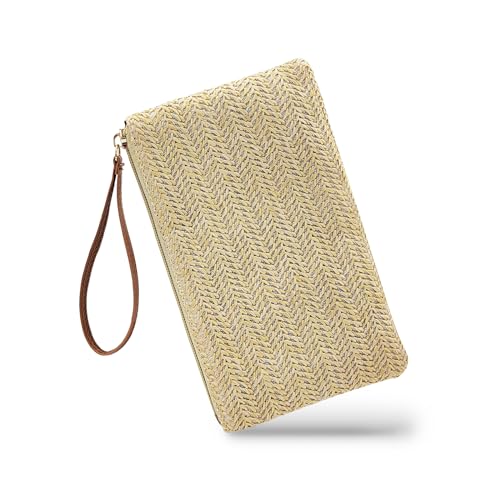 WisePoint Clutch Tasche, Stroh Wristlet Taschen Handtaschen für Frauen, Bohemian Woven Beach Taschen mit Griff Mode Geldbörse für Strand, Reise, Party, Hochzeit (beige) von WisePoint