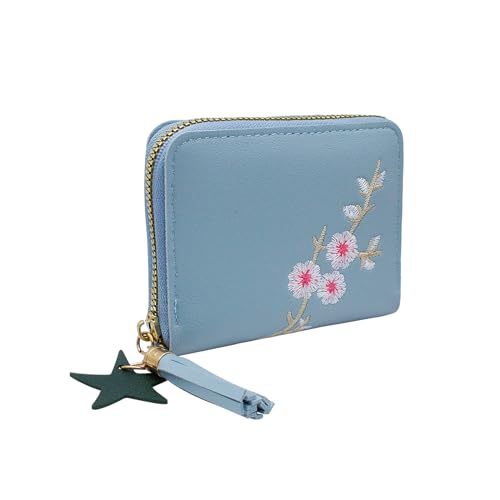 WisePoint Damen-Geldbörse, PU-Leder, Damengeldbörse mit Blumenstickerei, exquisite Kreditkartenhalter für Damen und Mädchen, blau, S, Minimalistisch von WisePoint