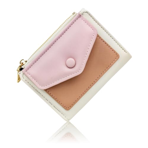 WisePoint Damen-Geldbörse, PU-Leder, Kreditkartenetui für Damen und Mädchen, Bifold Card Holder Wallet mit Reißverschlusstasche, niedliche Kreditkartenetui für Karten, Quittungen, Bargeld, Pink, von WisePoint