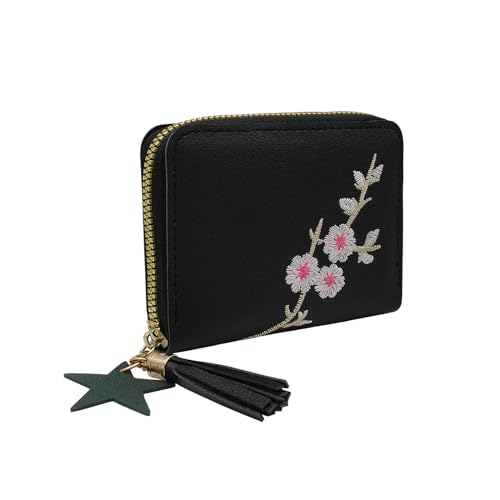 WisePoint Damen Geldbörse, PU Leder Damen Geldbörse mit Blumen Stickerei, Exquisite Kreditkartenhalter für Frauen und Mädchen (schwarz) von WisePoint