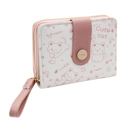 WisePoint Damen Geldbörse, PU Leder Frauen Geldbörsen Kleine Geldbörsen, Nette Damen Geldbörse mit Katze Muster, Mehrere Kartenfächer Damen Kartenhalter (pink) von WisePoint