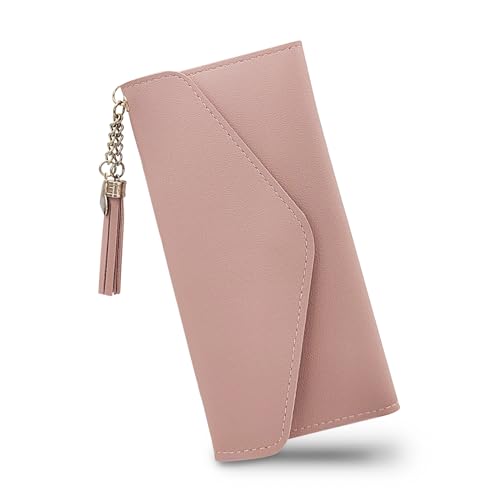 WisePoint Damen-Geldbörsen, PU-Leder, Geldbörse für Damen und Mädchen, schlanke Damen-Geldbörse, mehrere Kartenfächer, Damengeldbörsen mit Quasten-Anhänger für Shopping, Reisen, Dating, Pink, L, von WisePoint