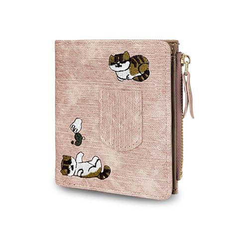 WisePoint Geldbeutel Damen, PU Leder Geldbörse Damen Bi-fold Nette Portemonnaie Damen mit Katze Stickerei, Geldtasche Damen für Ausweise, Kreditkarten, Bargeld (pink) von WisePoint