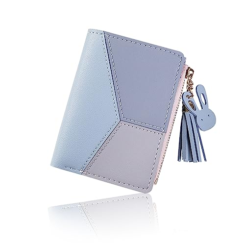 WisePoint Geldbörse für Frauen, PU Leder Geldbörse mit Metall Druckknopf, Mini Geldbörse mit Münztasche und Reißverschluss, Bifold Kreditkartenhalter Kaninchen Anhänger (blau) von WisePoint