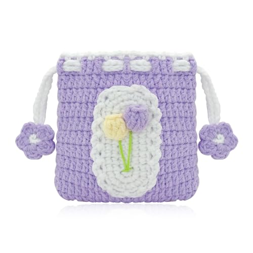 WisePoint Kordelzug Münztasche, handgemachte Baumwolle Münze Geldbörse gestrickte Münze Geldbörse, niedliche kleine Schmuck Aufbewahrungstasche Mini Change Tasche (lila) von WisePoint