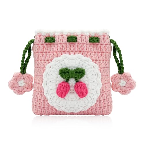 WisePoint Kordelzug Münztasche, handgemachte Baumwolle Münze Geldbörse gestrickte Münze Geldbörse, niedliche kleine Schmuck Aufbewahrungstasche Mini Change Tasche (pink) von WisePoint