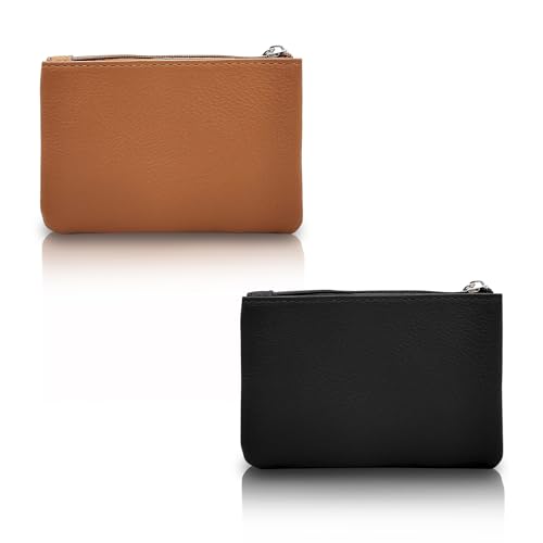 WisePoint Minimalistische Münzbörse, 2 Stück, PU-Leder, Münztasche für Damen und Herren, tragbare Münztasche mit Reißverschluss für Shopping, Arbeit, Dating, Reisen, Schwarz / Braun, Minimalistisch von WisePoint