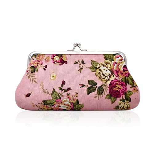 WisePoint Münzgeldbörse, Segeltuch, kleine Geldbörsen für Damen, Kussverschluss, exquisite Kleingeldtasche, Geldbörse mit Rosenmuster für Shopping, Dating, Reisen, Arbeiten, Pink, Münzgeldbörse von WisePoint