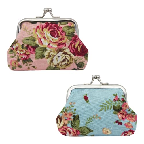 WisePoint Münzgeldbörsen aus Segeltuch, Mini-Münztasche mit Kussschloss, exquisite Münzbörse für Frauen und Mädchen mit Blumenmustern, Kleingeldbörse für Münzen, Schlüssel, Ringe, Blau/Pink, Exquisit von WisePoint