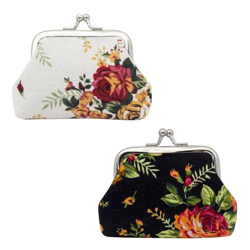 WisePoint Münzgeldbörsen aus Segeltuch, Mini-Münztasche mit Kussschloss, exquisite Münzbörse für Frauen und Mädchen mit Blumenmustern, Kleingeldbörse für Münzen, Schlüssel, Ringe, Schwarz + Weiß, von WisePoint