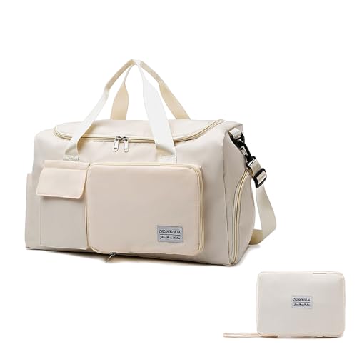 WisePoint Turnbeutel, Oxford Seesack mit Schuhfach, große Sporttasche Übernachtungstaschen für Damen und Herren, Trockene Nasstrennung Holdall Tasche für Reisen, Fitnessstudio, Schwimmbad, beige, von WisePoint