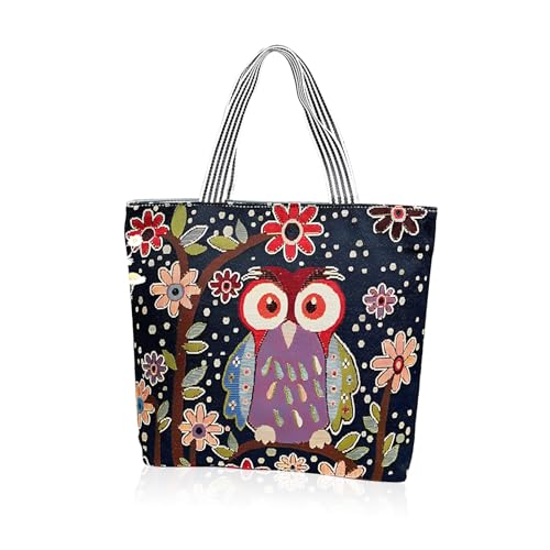 WisePoint ästhetische Tote Bag, Canvas Tote Bag mit Reißverschluss und Innentasche, Nette Tote Bag für Frauen Einkaufen, Leinwand Umhängetasche mit Tierdruck (Eule) von WisePoint