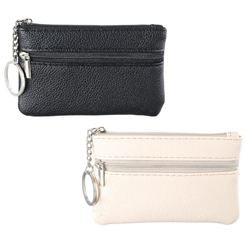 Wisebom 2 Stück Mini Geldbörse Damen, Leder Münzbörsen Portemonnaie PU Leder Münzbeutel Schlüsselmäppchen mit 2 Reißverschluss Kartenfächer für Frauen Kinder von Wisebom