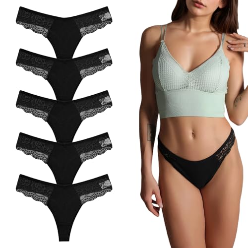 Wisebom 5er Pack Baumwolle String Tanga Damen Spitze Unterhosen Frauen V-Waist Atmungsaktiv Unterhosen Damen Baumwolle Spitze Bikini Slips (DE/NL/SE/PL, Alphanumerisch, XL, Regular, Regular, Schwarz) von Wisebom