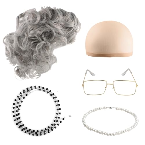 Wisebom Alte Dame Cosplay Set, 5Pcs Oma Kostümzubehör Inklusive Silber Grau Perücke mit Kappen Perlenkette Brille mit Kette, Großmutter Perücke Deko für Mottoparty Fasching Karneval von Wisebom