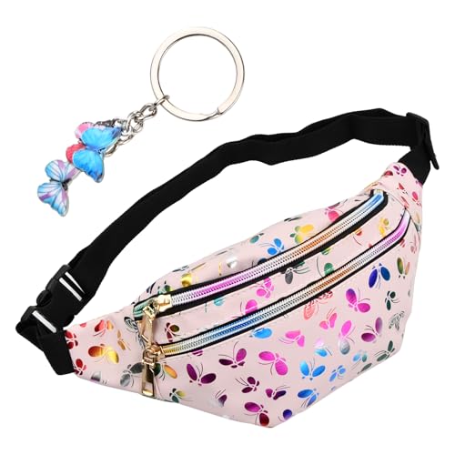 Wisebom Bauchtasche für Kinder, Mädchen Gürteltasche mit Schmetterlings Anhänger, Multifunktionale Tailletasche, PU Leder Bunt Hüfttasche mit Verstellbarem Gurt für Reisen Party Wandern (Rosa) von Wisebom