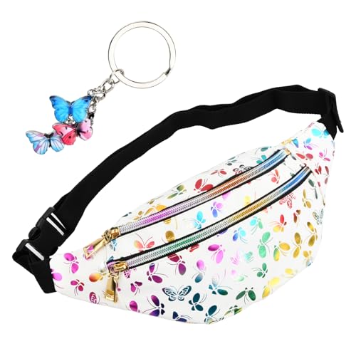 Wisebom Bauchtasche für Kinder, Mädchen Gürteltasche mit Schmetterlings Anhänger, Multifunktionale Tailletasche, PU Leder Bunt Hüfttasche mit Verstellbarem Gurt für Reisen Party Wandern (Weiß) von Wisebom