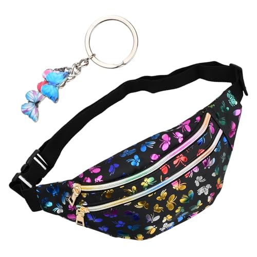 Wisebom Bauchtasche für Kinder, Mädchen Gürteltasche mit Schmetterlings Anhänger, Multifunktionale Tailletasche, PU Leder Bunt Hüfttasche mit Verstellbarem Gurt für Reisen Party Wandern (Schwarz) von Wisebom
