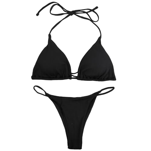 Wisebom Damen Bikini Set Zweiteiliger Badeanzug Bikini Bikini Damen Neckholder Triangel String Bikini Set mit Brustpolster Schwarz (DE/NL/SE/PL, Alphanumerisch, L, Regular, Regular, Schwarz) von Wisebom