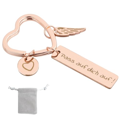 Wisebom Herz Schlüsselanhänger | pass auf dich auf | Personalisierter Auto Schlüsselanhänger | Geschenk zum Führerschein Geburtstag Weihnachten Frauen Freundin Mama Tochter (Rosé Gold) von Wisebom