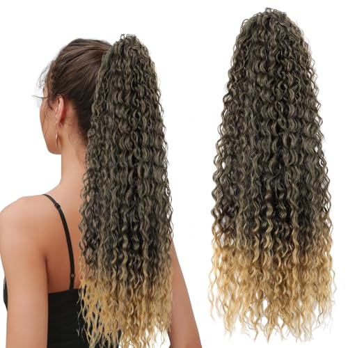 Wisebom Ponytail Extension Klammer 62cm Haarteil Pferdeschwanz Lang Lockige Wellige Ponytail Extension mit Kordelzug für Damen Synthetik Haare Extensions (Grünes Gold) von Wisebom