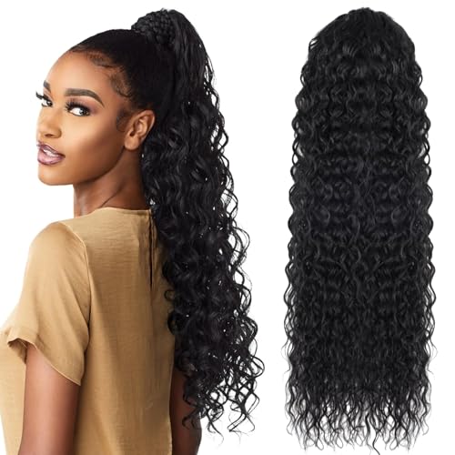 Wisebom Ponytail Extension Klammer 62cm Haarteil Pferdeschwanz Lang Lockige Wellige Ponytail Extension mit Kordelzug für Damen Synthetik Haare Extensions (Schwarz) von Wisebom