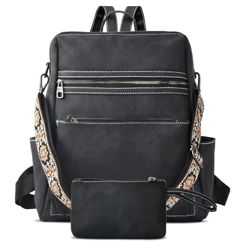 Wisebom Rucksack Damen Wasserdicht, Anti Diebstahl PU Leder Leichtgewichtig Große Kapazität Mehrere Fächer Elegant Mode Rucksack Umhängetasche Handtasche für Schule Arbeit Reise (Schwarz) von Wisebom