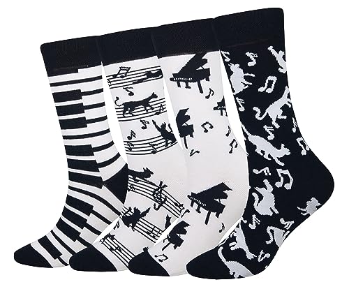 Wish Island Herren 4/5 Packungen Lustige Crazy Animal Baumwolle Casual Crew Socken, Musik Klavier Katze - 4 Paar, 39-41.5 EU von Wish Island