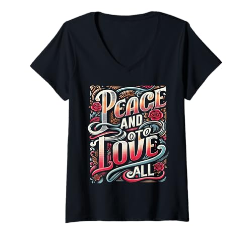 Damen Frieden und Liebe für alle, die Herzen verbinden, Frieden und Liebe zusammen T-Shirt mit V-Ausschnitt von Wish You Get