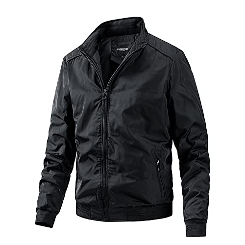 Winddichte Jacke Männer Einfarbig Frühling Herbst Übergangsjacke Herren Casual Einfachheit Wendejacke Herren Stehkragen Mit Taschen Draussen Zip Jacke Herren E-Black2 XL von WishKu